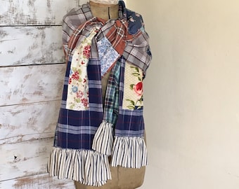 Boho Scarf, Patchwork Flannel Scarf Wrap, Upcycled Clothing Plaid and Floral