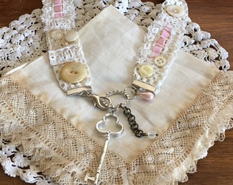 Coquette Necklace, Vintage Lace and Ribbon Necklace with Charms, Buttons Key Charm and Pearl, Fabric Necklace, Pink White