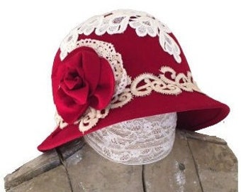 Shabby Chic Cloche Hat, Upcycled Boho Chic Hat, Wool Hat with Lace Appliques and Rose