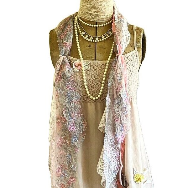 Long Flowing Lace Rag Scarf, Pink Boho Chic Scarf created from Vintage Lace