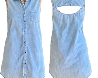 Sleeveless Tunic Top with Keyhole Back, Pale Blue Chambray A-line Size Large