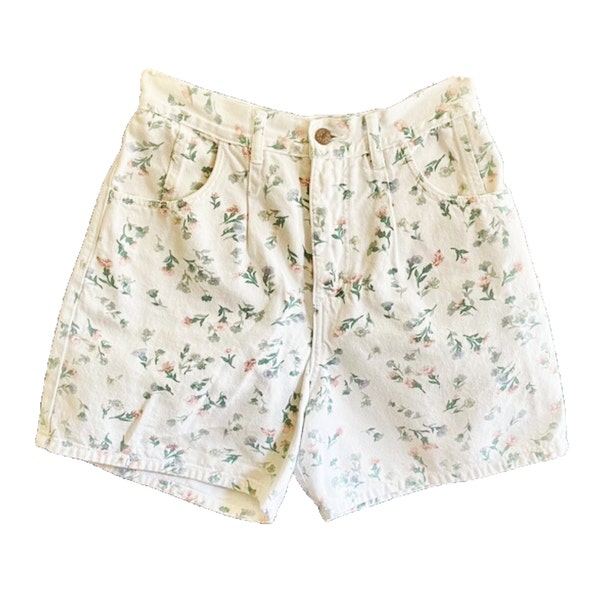 High Waisted Shorts Floral Denim, Cottagecore Shorts, White & Pink Ditsy Rose Print Shorts, Vintage size 10, Waist 28, Rise 13