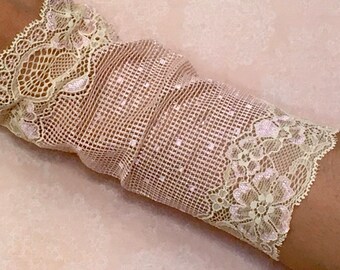 Wide Lace Wrist Cuff, Boho Chic Stretch Lace Cuff Bracelet, Wrist Tattoo Cover Up, Peachy Pink and Cream