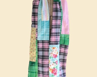 Oversized Patchwork Flannel Scarf, Pastel Plaid Scarf with Patches in pink blue and green