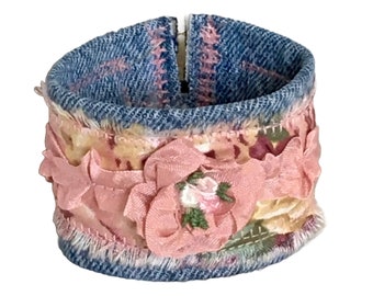 Pink Boho Chic Ribbon and Denim Wrist Cuff, Unique Handmade Fabric Bracelet, Stocking Stuffer or Gift for her