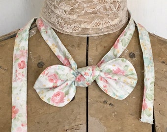 Boho Chic Coquette Bowtie with Long Ties, Bow Jabot Necklace in Pastel Rose Print Fabric