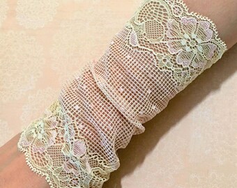 Wide Lace Wrist Cuff, Boho Chic Stretch Lace Cuff Bracelet, Wrist Tattoo Cover Up, Peachy Pink and Cream