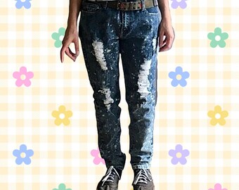 Vintage Splatter Jeans Distressed Womens Jeans, Size 12 13, Mid rise Tapered Leg Dark Blue