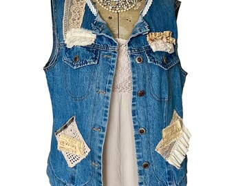 Upcycled Denim Vest, Upcycled Clothing Patchwork, Boho Vest with Lace Embellishments and Appliques