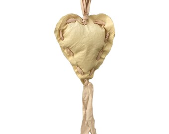 Hanging Stuffed Heart Decor, Shabby Chic Heart Frayed Edges, Hand Torn Pink Ribbon with Hanging Loop and Streamers, 16" long overall