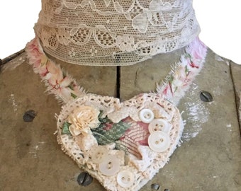 Unique Handmade Boho Chic Heart Necklace with Frayed Fabric Lace and Roses, Shabby Chic Fabric Collage Choker