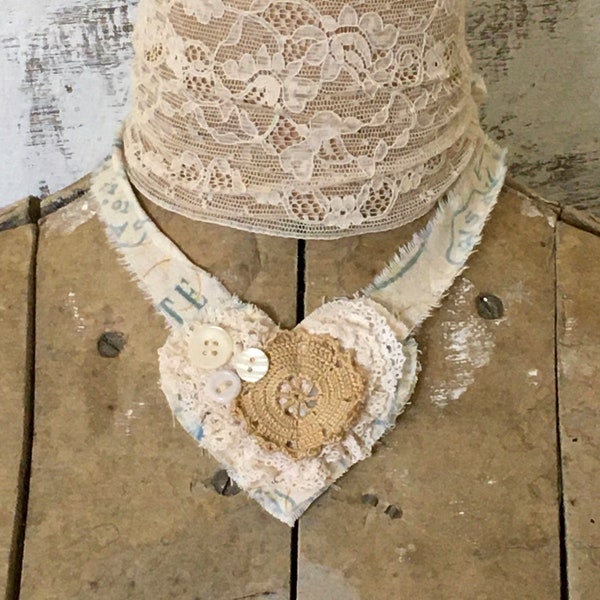 Gypsy Boho Jewelry, Shabby Chic Fabric Heart Bib Necklace, Adjustable Length Long Ribbon Ties, Frayed with lace and buttons