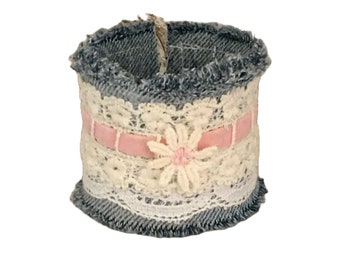 Coquette Denim and Lace Shabby Cuff Bracelet, Soft Fabric Wrist Cuff with Vintage Laces and Velvet Ribbon