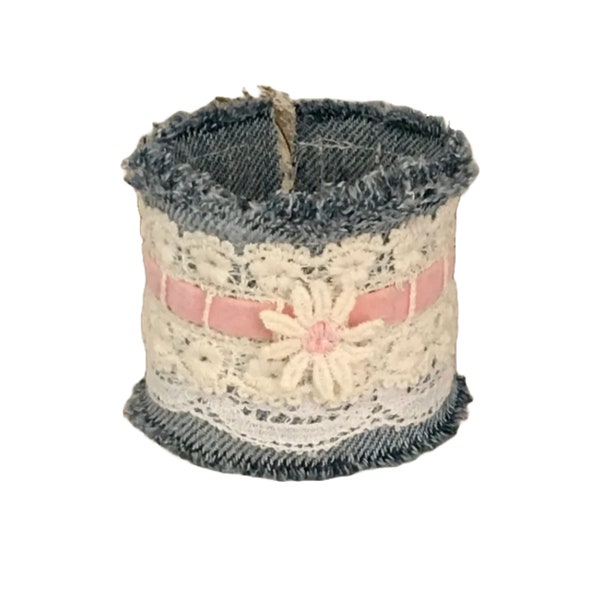 Coquette Denim and Lace Shabby Cuff Bracelet, Soft Fabric Wrist Cuff with Vintage Laces and Velvet Ribbon