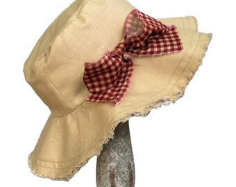 Boho Hippie Wide Brimmed Bucket Hat, Golden Brown with Gingham Bow, Soft Fabric Hat