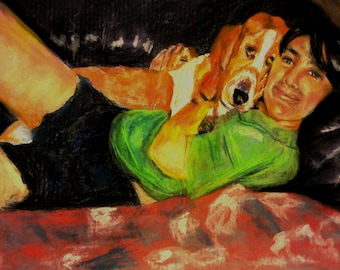 SOLD Original Oil Painting Family Portraits Custom Commission Your Own Portrait Boy Hanging Out With His Basset Hound by Marlene Kurland