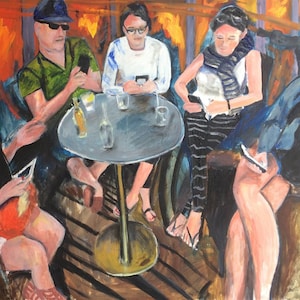 May include: An impressionistic painting depicts a group of people gathered around a small table. The scene is set indoors, with warm orange and brown tones in the background. Several individuals are using their phones or knitting, creating a casual, social atmosphere.