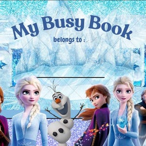 以下が含まれることがあります： アニメ映画「アナと雪の女王」のキャラクターが登場する「マイビジーブック」の表紙。エルサ、アナ、オラフ、クリストフ、スヴェンが、青と白の氷の背景に描かれています。タイトルは青色のスクリプトです。