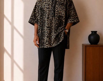 Men's African Leopard Print Tunic | Handmade Nigerian Traditional Top