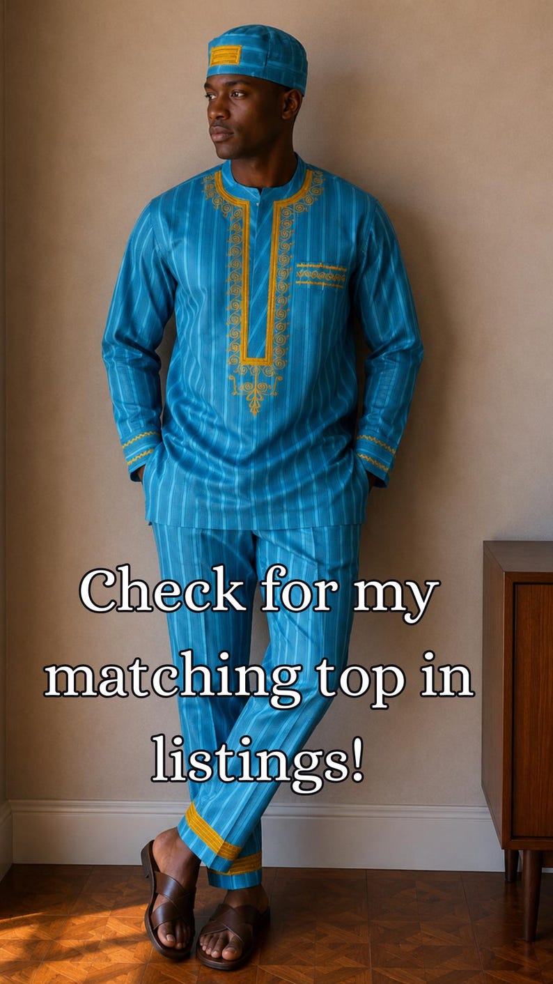 May include: A bright blue long-sleeved tunic and matching trousers set featuring vertical white stripes and gold embroidery around the neckline, cuffs, and pocket. The outfit includes a matching blue cap and brown sandals. Text reads: Check for my matching top in listings!