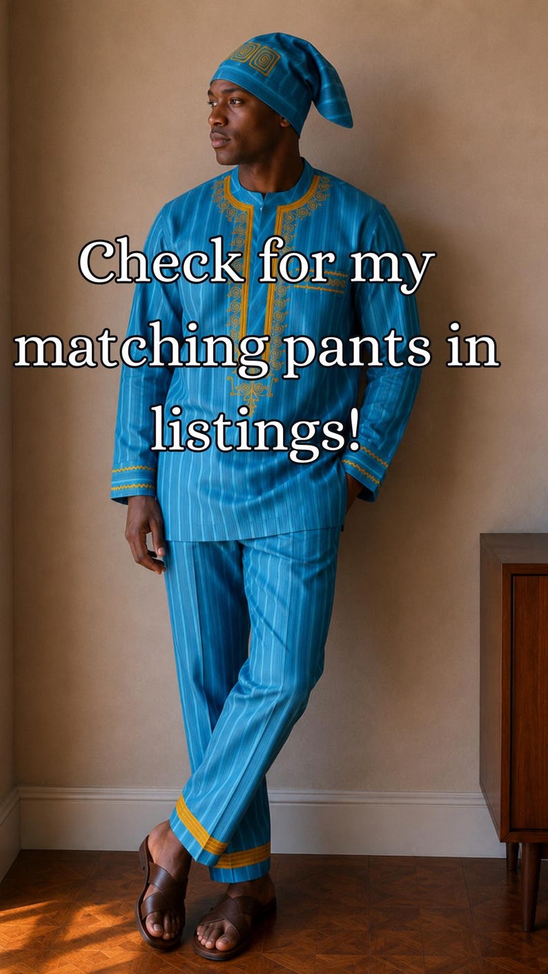 May include: A bright blue long-sleeved tunic and matching trousers featuring thin vertical white stripes and gold embroidery around the neckline and cuffs, paired with a matching headpiece. Text reads: Check for my matching pants in listings!