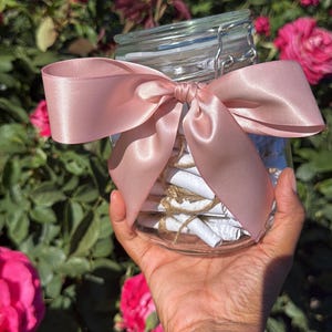 May include: A clear glass jar with a metal latch lid, filled with small white paper scrolls tied with twine. A wide, smooth, dusty pink satin ribbon is tied in a bow around the neck of the jar. The jar is held up against a background of vibrant pink roses.