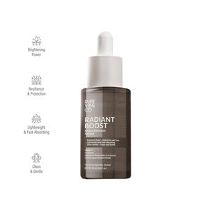 Ruby Vibe Co Radiant Boost Serum product display with icons showing brightening, firming, and anti-aging benefits.
