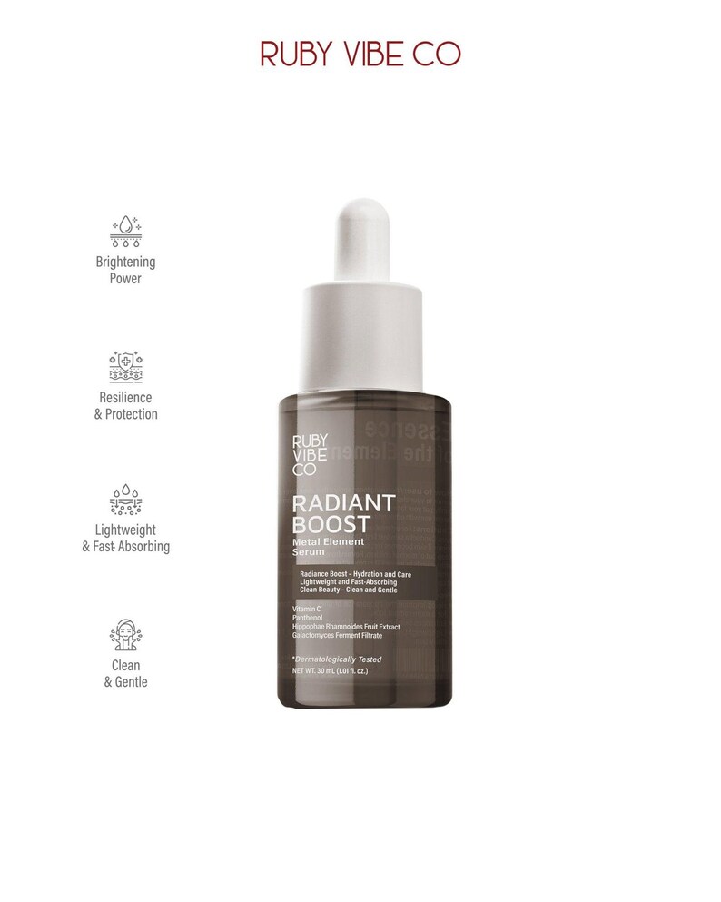 Ruby Vibe Co Radiant Boost Serum product display with icons showing brightening, firming, and anti-aging benefits.