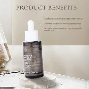 Close-up of dropper releasing clear Ruby Vibe Co Radiant Boost Serum, lightweight texture for instant hydration.