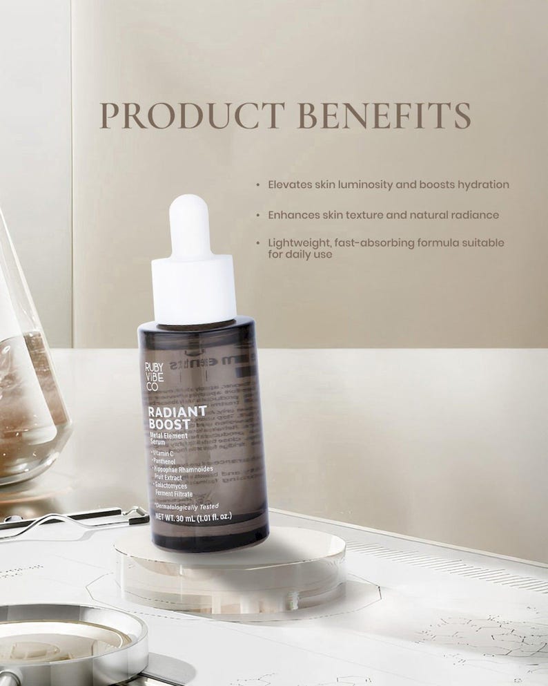 Close-up of dropper releasing clear Ruby Vibe Co Radiant Boost Serum, lightweight texture for instant hydration.
