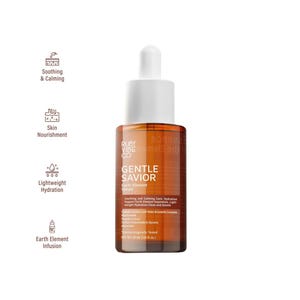 Ruby Vibe Co Gentle Savior Earth Element Serum product display with icons highlighting soothing, nourishment, and hydration benefits.