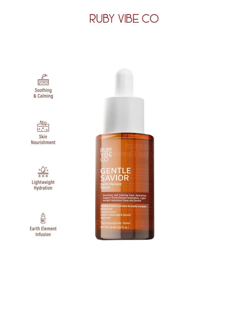 Ruby Vibe Co Gentle Savior Earth Element Serum product display with icons highlighting soothing, nourishment, and hydration benefits.