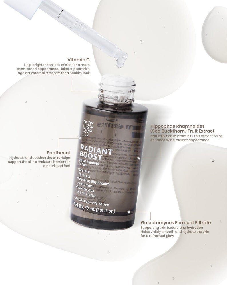 May include: A close-up of a skincare product bottle with a dropper. The bottle is labeled "RADIANT BOOST" and contains ingredients like Vitamin C and Panthenol. The product is dermatologically tested and is 1.01 fl. oz.