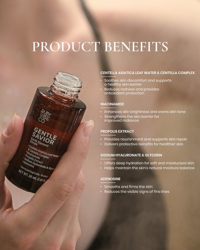 Model applying Ruby Vibe Co Gentle Savior Earth Element Serum to face, enhancing smoothness and hydration.