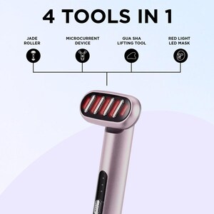 May include: A beauty tool with a pink handle and a red light head. The image shows the text "4 TOOLS IN 1" and lists the tools as a jade roller, microcurrent device, gua sha lifting tool, and red light LED mask.