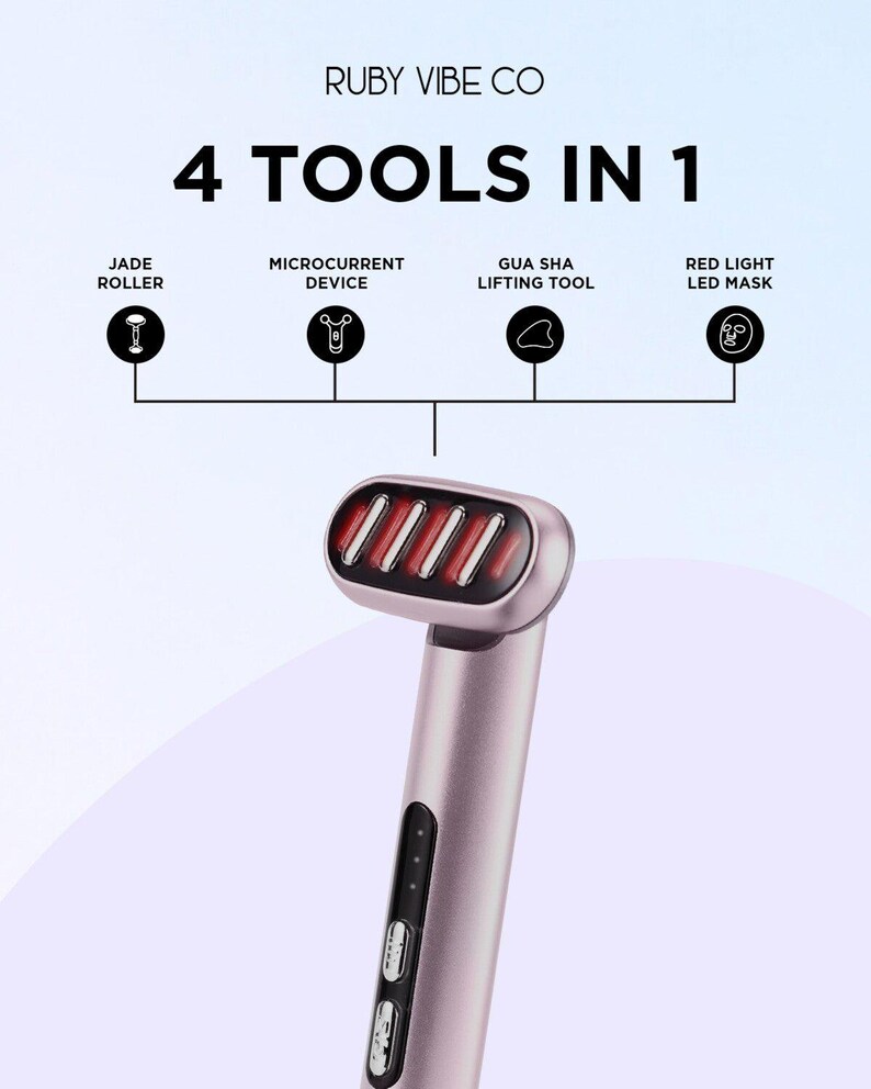 May include: A beauty tool with a pink handle and a red light head. The image shows the text "4 TOOLS IN 1" and lists the tools as a jade roller, microcurrent device, gua sha lifting tool, and red light LED mask.