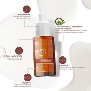 Model applying Ruby Vibe Co Gentle Savior Serum to face in mirror, achieving soft, radiant, and nourished skin.