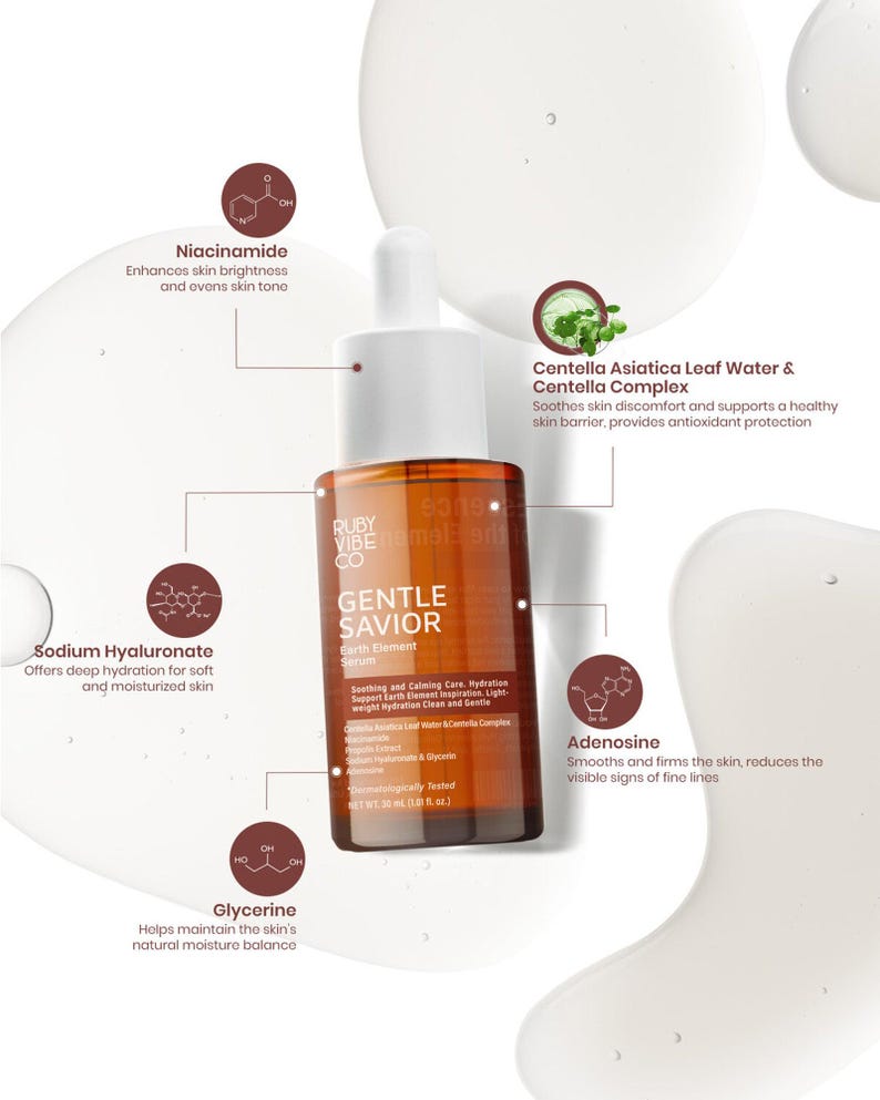 Model applying Ruby Vibe Co Gentle Savior Serum to face in mirror, achieving soft, radiant, and nourished skin.