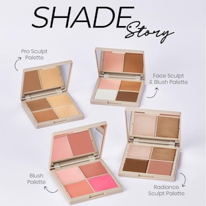 May include: Four open makeup palettes with mirrors, labeled "Pro Sculpt Palette", "Face Sculpt & Blush Palette", "Blush Palette", and "Radiance Sculpt Palette". The palettes contain various shades of blush, bronzer, and highlighter. The text "RUBY VIBE CO" and "SHADE Story" are at the top.