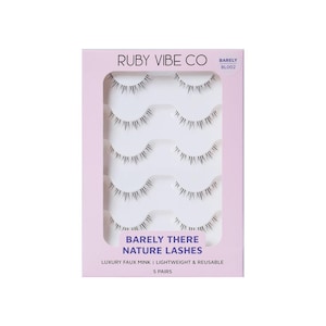 May include: A package of Ruby Vibe Co. Barely There Nature Lashes. The pink box contains five pairs of lightweight, reusable, luxury faux mink eyelashes. The text on the box reads "Barely There Nature Lashes" and "5 pairs".