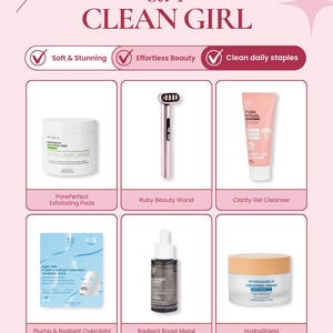 May include: A set of six skincare products, including exfoliating pads, a beauty wand, cleanser, a hydrogel mask, serum, and ceramide cream. The products are arranged on a pink background with the text "CLEAN GIRL" and "Set 4".