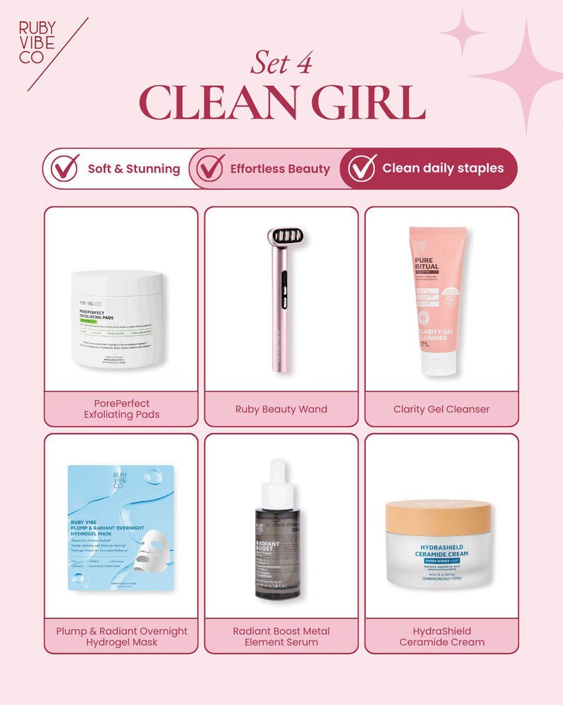 May include: A set of six skincare products, including exfoliating pads, a beauty wand, cleanser, a hydrogel mask, serum, and ceramide cream. The products are arranged on a pink background with the text "CLEAN GIRL" and "Set 4".