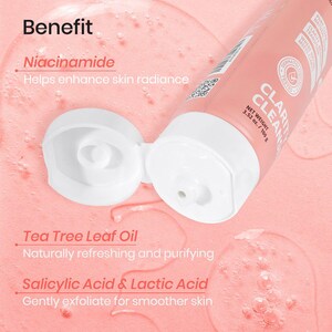 May include: A pink tube of Clarity Cleans with a white flip-top cap, featuring text about Niacinamide, Tea Tree Leaf Oil, and Salicylic & Lactic Acid. The product is 3.52 oz / 100 g.