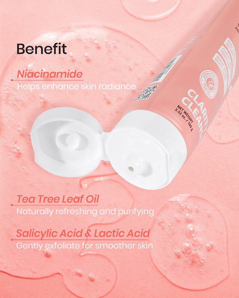 May include: A pink tube of Clarity Cleans with a white flip-top cap, featuring text about Niacinamide, Tea Tree Leaf Oil, and Salicylic & Lactic Acid. The product is 3.52 oz / 100 g.