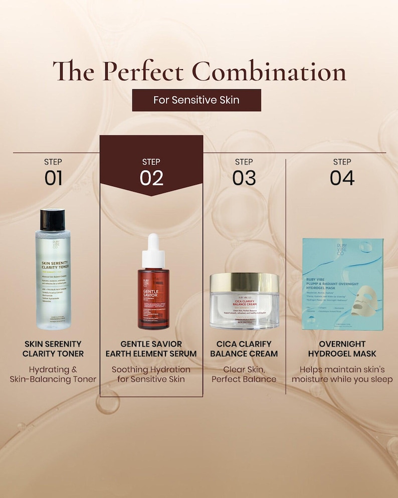Model applying Ruby Vibe Co Gentle Savior Serum on cheek using dropper, promoting hydration for calm and soft skin.