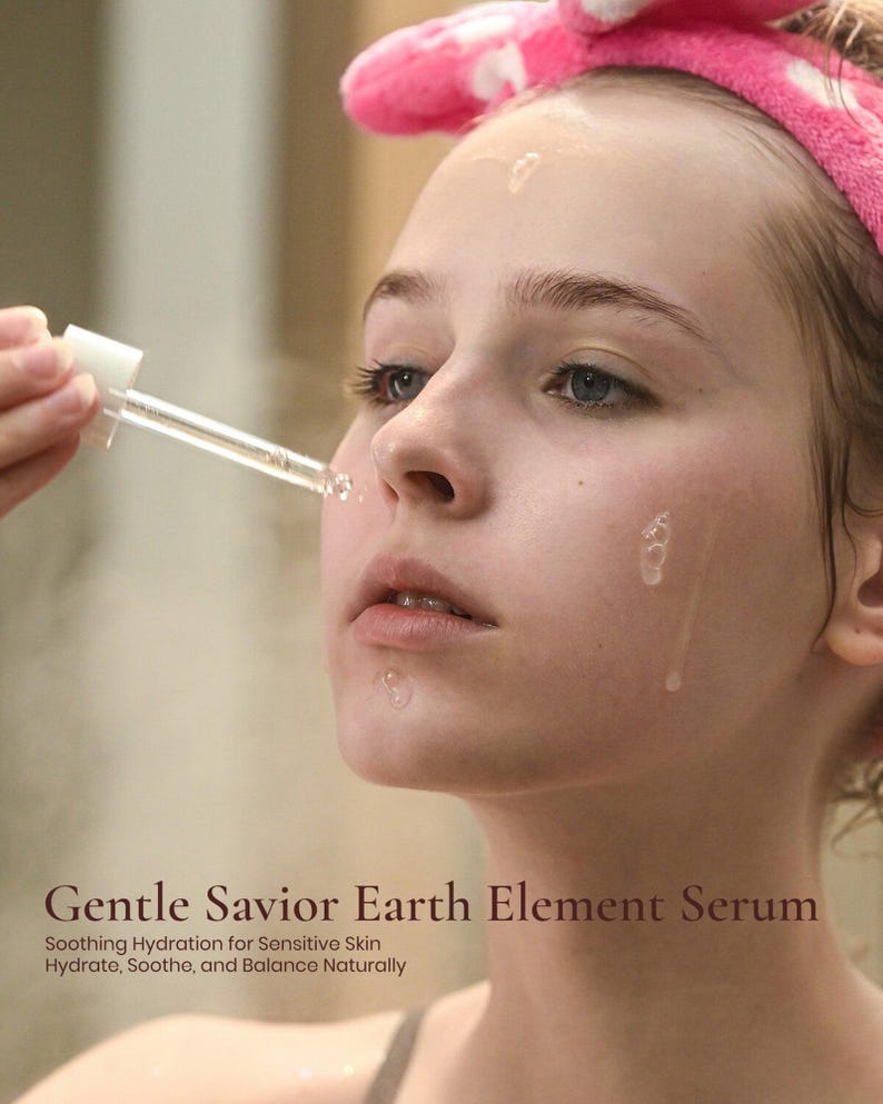 Woman with pink headband using Ruby Vibe Co Gentle Savior Serum, lightweight texture restoring moisture and balance.