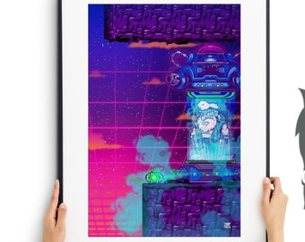 Waiting Ft. Dr Light from Mega Man X in an Upgrade Capsule for the Fighter of Streets Hadoken Synthwave Art Print