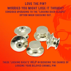 May include: Five silver-toned locking back clasps for enamel pins. These clasps help prevent pins from falling off.