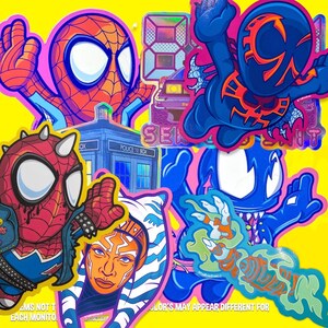 May include: A collection of colorful stickers featuring various cartoon characters, including Spider-Man, Venom, and a blue monster. The stickers are on a yellow background and have a glossy finish.
