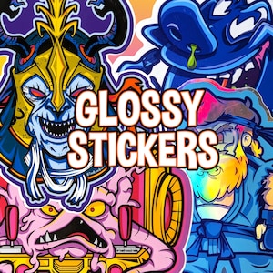 May include: Glossy stickers featuring colorful cartoon characters. The stickers are printed on a clear, glossy material and have a vibrant, eye-catching design. The text "GLOSSY STICKERS" is printed in large, bold letters across the image.